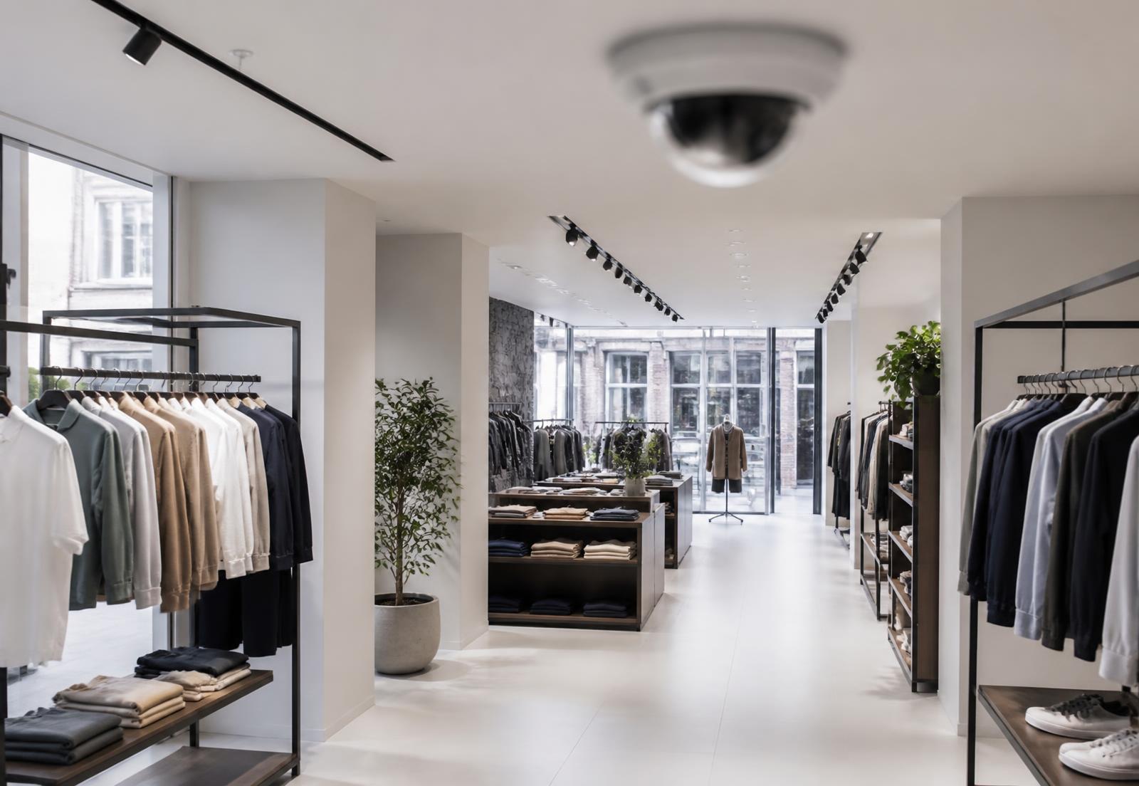 A bright modern retail store interior with a discreet ceiling security camera